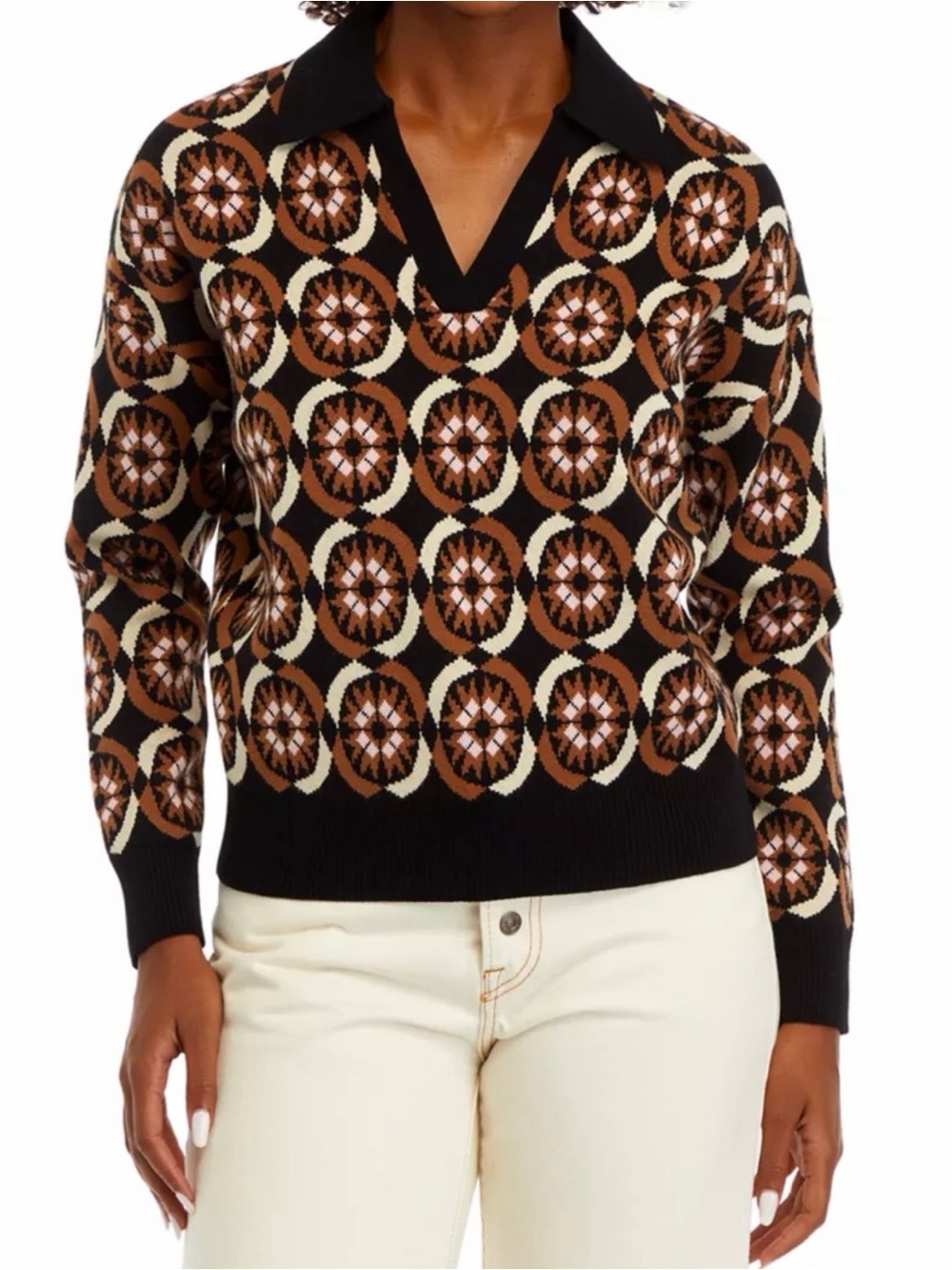 T Tahari Geo Print Johnny Collar Polo Sweater Black Brown Size M